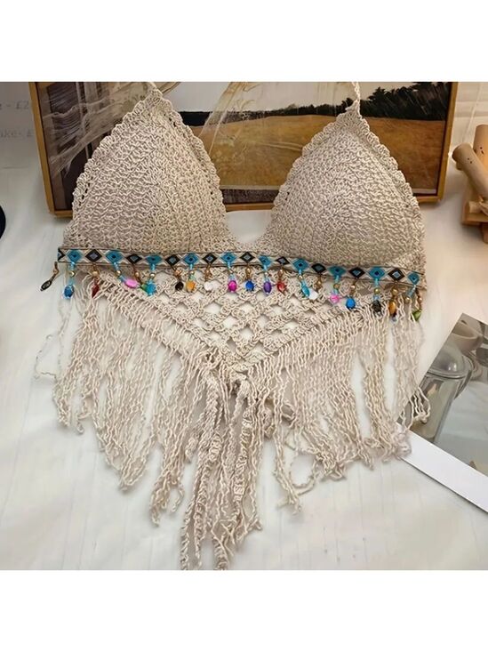 Nilcashopper Boutique Tops - Crochet Halter Bra with Cropped Tassel Hem Summer Sleeveless Casual Top